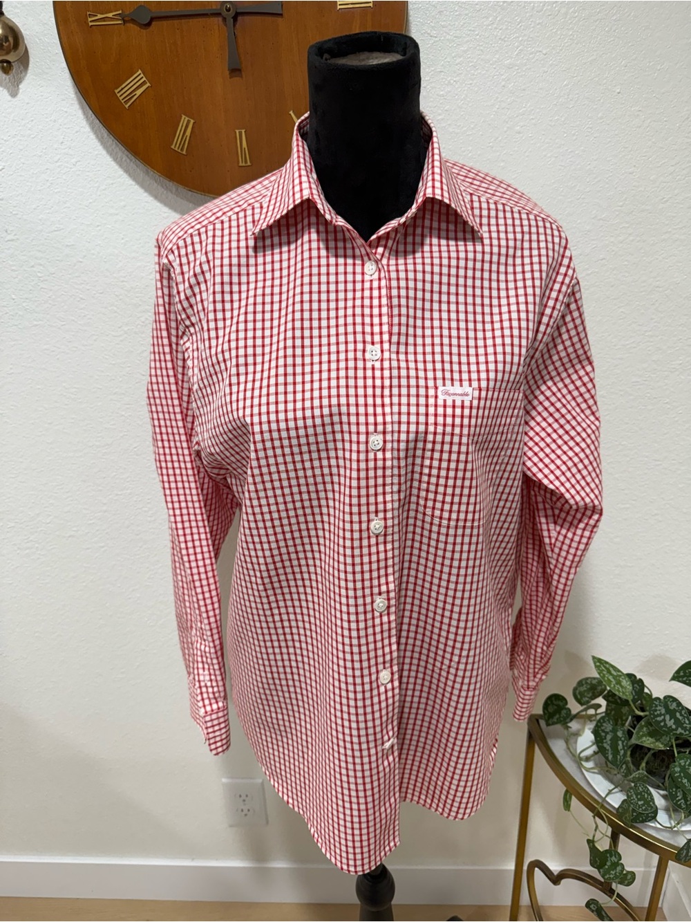 Façonnable Red White Gingham Button Front Shirt Medium 100% Cotton France